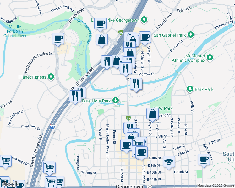map of restaurants, bars, coffee shops, grocery stores, and more near 300 San Gabriel Village Boulevard in Georgetown