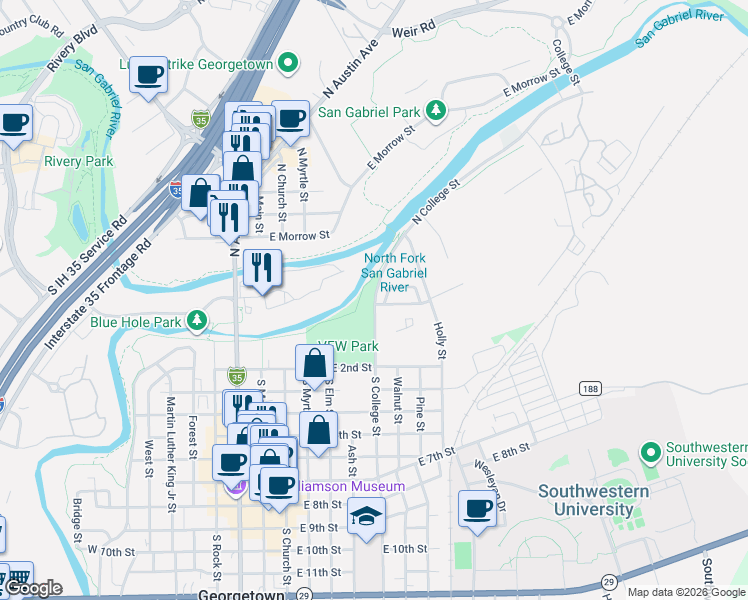 map of restaurants, bars, coffee shops, grocery stores, and more near 1002 Brendon Lee Lane in Georgetown