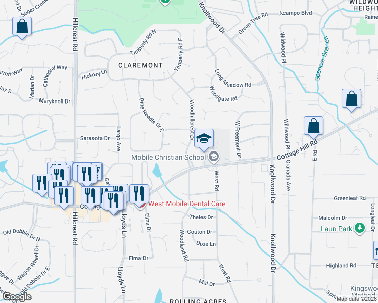 map of restaurants, bars, coffee shops, grocery stores, and more near 2209-2213 Woodhill Crest Drive in Mobile