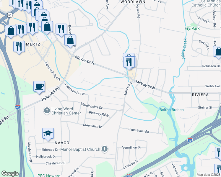 map of restaurants, bars, coffee shops, grocery stores, and more near 2468 Sayner Avenue in Mobile
