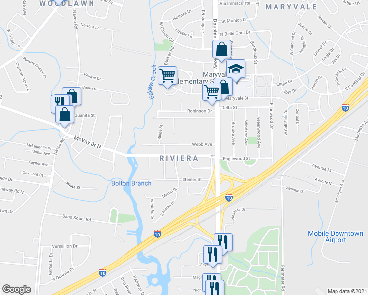 map of restaurants, bars, coffee shops, grocery stores, and more near 2111 Webb Avenue in Mobile