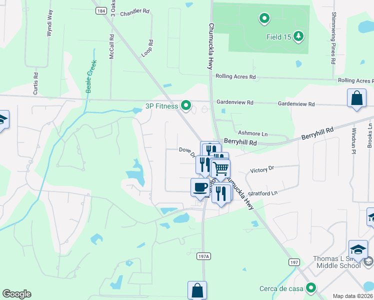 map of restaurants, bars, coffee shops, grocery stores, and more near 5666 Dove Drive in Pace