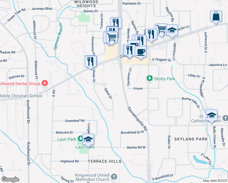 map of restaurants, bars, coffee shops, grocery stores, and more near 5206 Almeda Court in Mobile