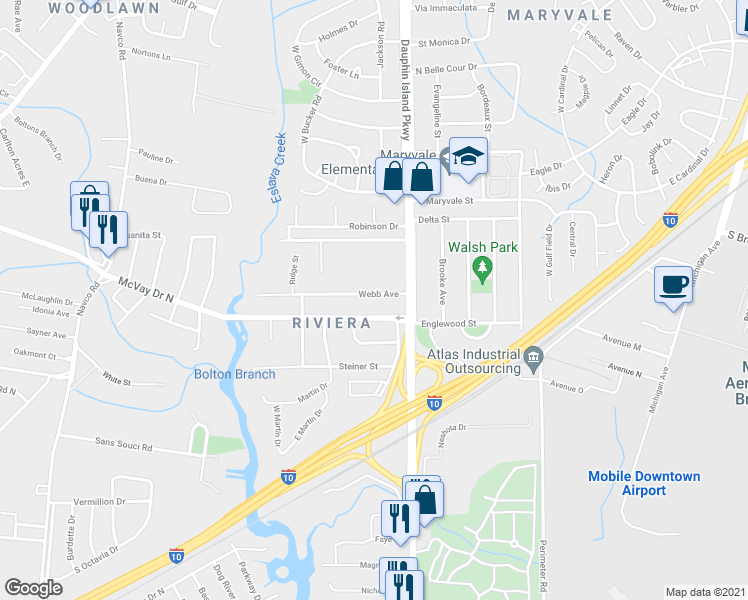 map of restaurants, bars, coffee shops, grocery stores, and more near 2055 Webb Avenue in Mobile