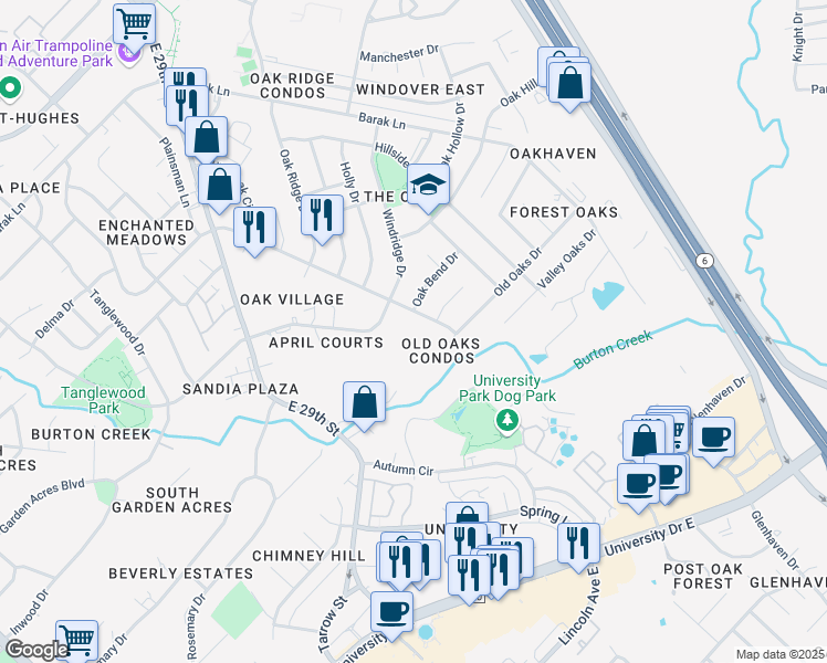 map of restaurants, bars, coffee shops, grocery stores, and more near 2503 Briar Oaks Drive in Bryan