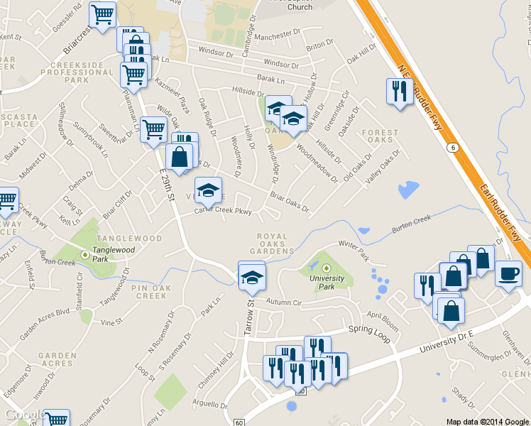 map of restaurants, bars, coffee shops, grocery stores, and more near 2400 Briar Oaks Drive in Bryan