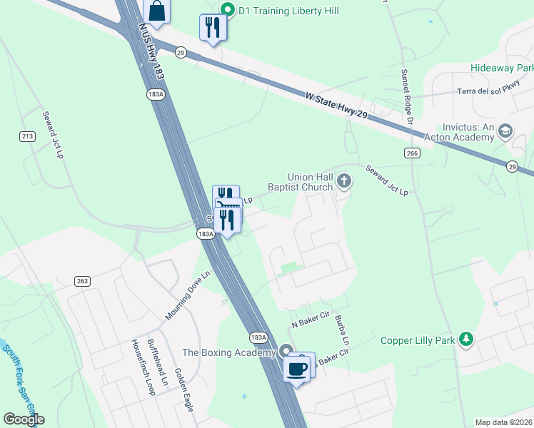 map of restaurants, bars, coffee shops, grocery stores, and more near 125 Cupreata Lane in Leander