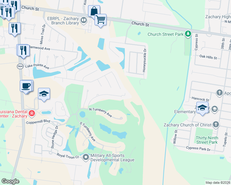map of restaurants, bars, coffee shops, grocery stores, and more near 3984 Shady Ridge in Zachary