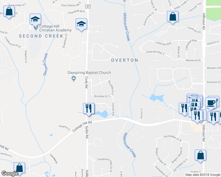 map of restaurants, bars, coffee shops, grocery stores, and more near 2256 Woodlea Drive East in Mobile