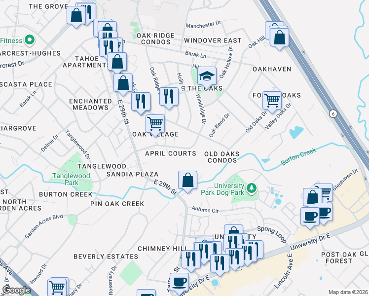 map of restaurants, bars, coffee shops, grocery stores, and more near 4444 Carter Creek Parkway in Bryan