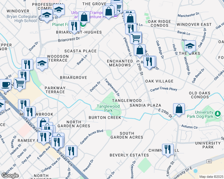 map of restaurants, bars, coffee shops, grocery stores, and more near 3811 Tanglewood Drive in Bryan