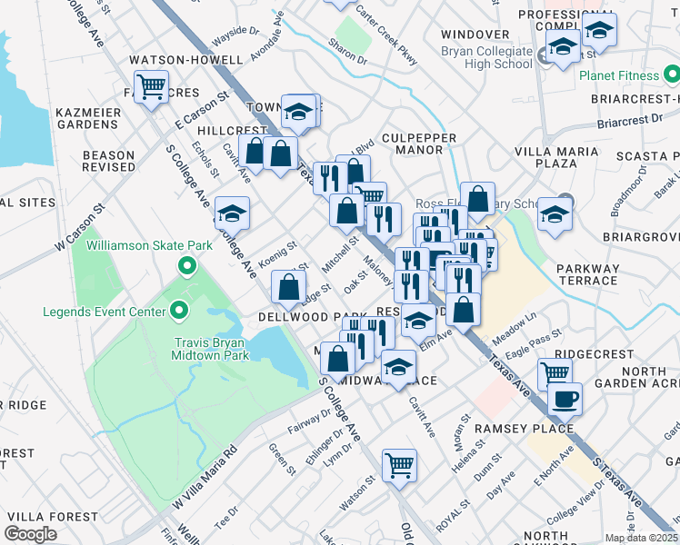 map of restaurants, bars, coffee shops, grocery stores, and more near 413 Mitchell Street in Bryan