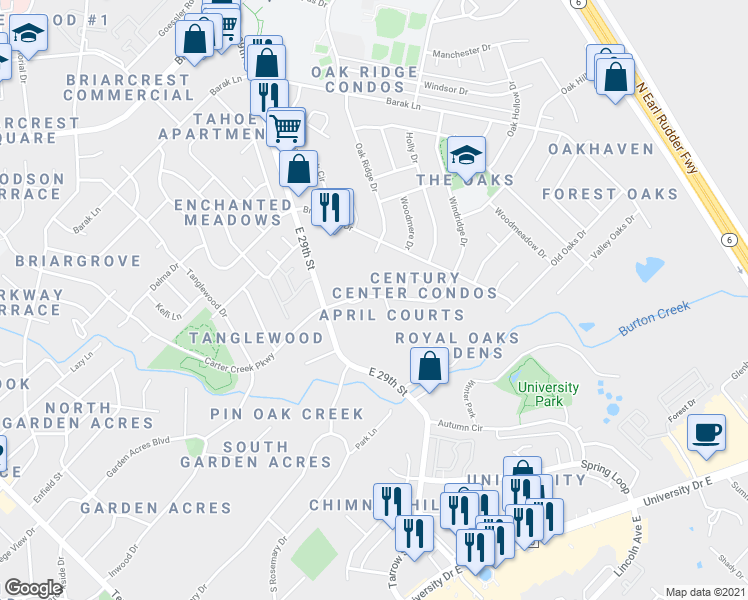 map of restaurants, bars, coffee shops, grocery stores, and more near 4412 Carter Creek Parkway in Bryan