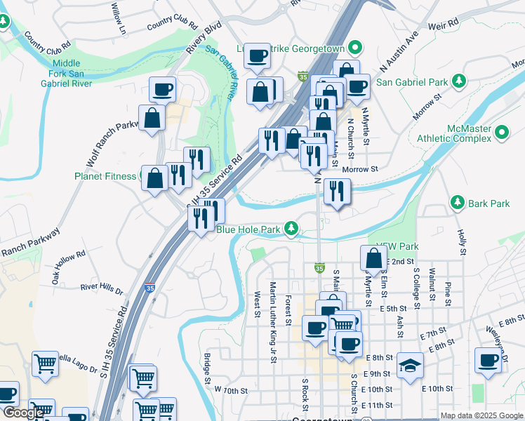 map of restaurants, bars, coffee shops, grocery stores, and more near 300 San Gabriel Village Boulevard in Georgetown