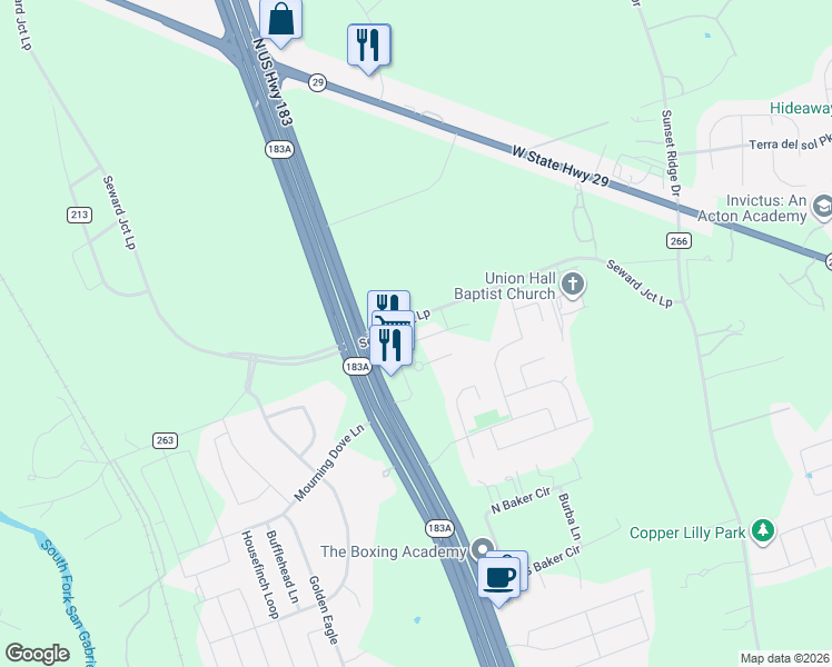 map of restaurants, bars, coffee shops, grocery stores, and more near 125 Cupreata Lane in Leander