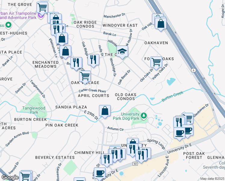 map of restaurants, bars, coffee shops, grocery stores, and more near 2400 Briar Oaks Drive in Bryan