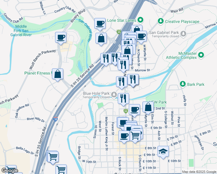 map of restaurants, bars, coffee shops, grocery stores, and more near 300 San Gabriel Village Boulevard in Georgetown