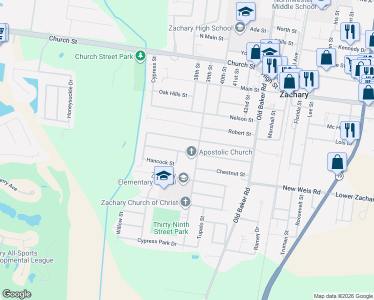 map of restaurants, bars, coffee shops, grocery stores, and more near 3824 Cherry Street in Zachary