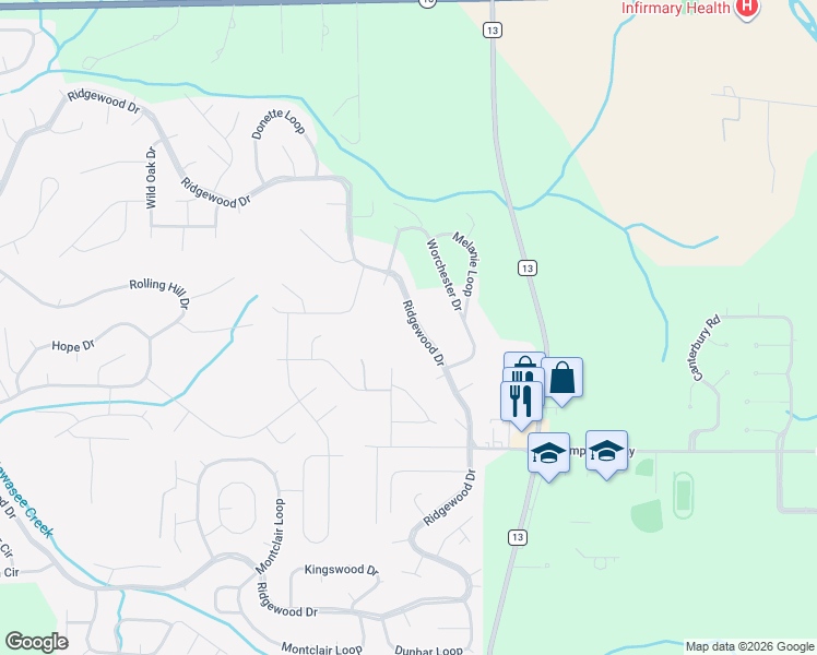 map of restaurants, bars, coffee shops, grocery stores, and more near 522 Ridgewood Drive in Daphne