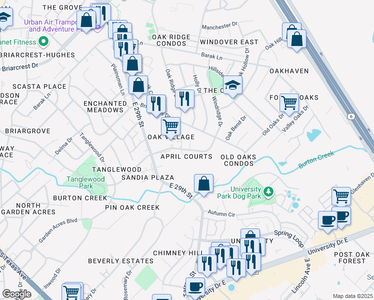 map of restaurants, bars, coffee shops, grocery stores, and more near 4412 Carter Creek Parkway in Bryan
