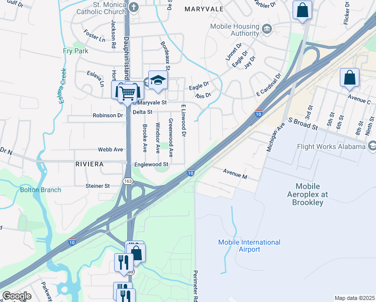 map of restaurants, bars, coffee shops, grocery stores, and more near 1407 East Linwood Drive in Mobile