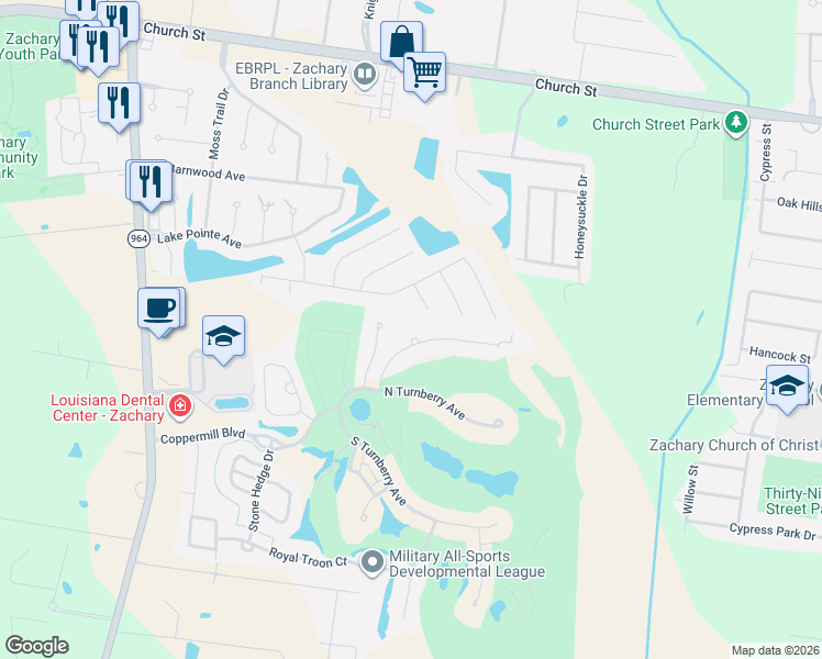 map of restaurants, bars, coffee shops, grocery stores, and more near 4061 Sycamore Ridge Court in Zachary