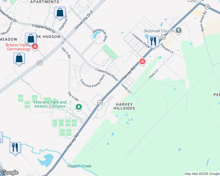 map of restaurants, bars, coffee shops, grocery stores, and more near 1710 Crescent Point in College Station