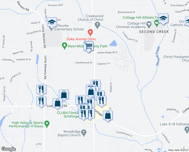 map of restaurants, bars, coffee shops, grocery stores, and more near 2191 Schillinger Road South in Mobile