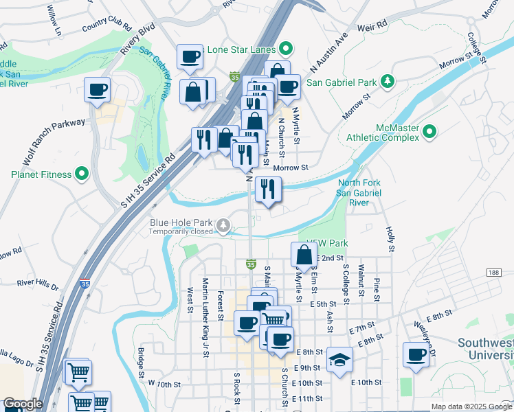 map of restaurants, bars, coffee shops, grocery stores, and more near 105 North Austin Avenue in Georgetown