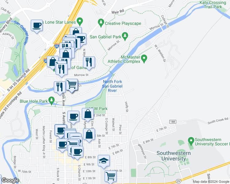map of restaurants, bars, coffee shops, grocery stores, and more near 130 Sierra Rose Loop in Georgetown
