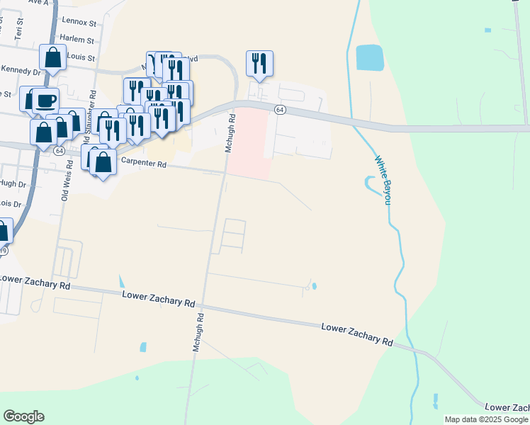 map of restaurants, bars, coffee shops, grocery stores, and more near 4400 Mchugh Road in Zachary