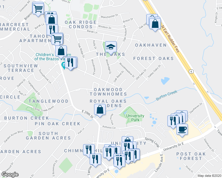 map of restaurants, bars, coffee shops, grocery stores, and more near 2400 Briar Oaks Drive in Bryan