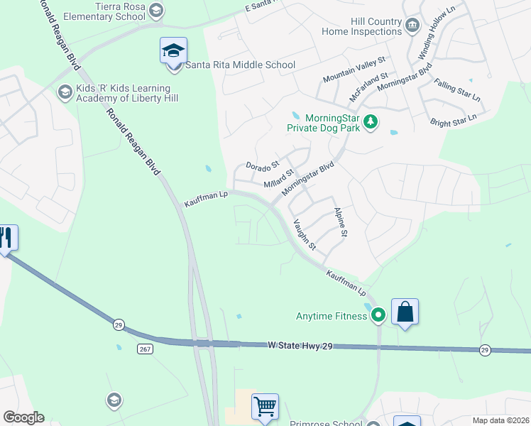 map of restaurants, bars, coffee shops, grocery stores, and more near 201 Morningstar Boulevard in Georgetown