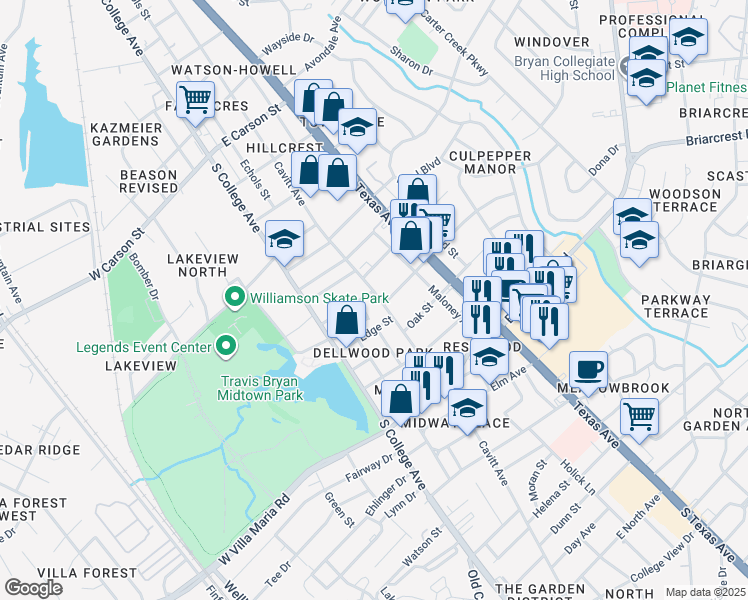 map of restaurants, bars, coffee shops, grocery stores, and more near 2702 Cavitt Avenue in Bryan