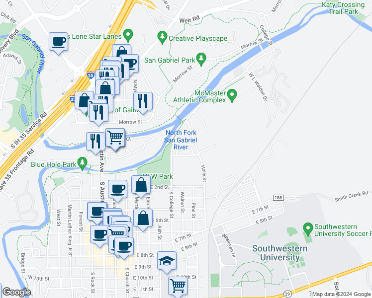 map of restaurants, bars, coffee shops, grocery stores, and more near 134 Sierra Rose Loop in Georgetown