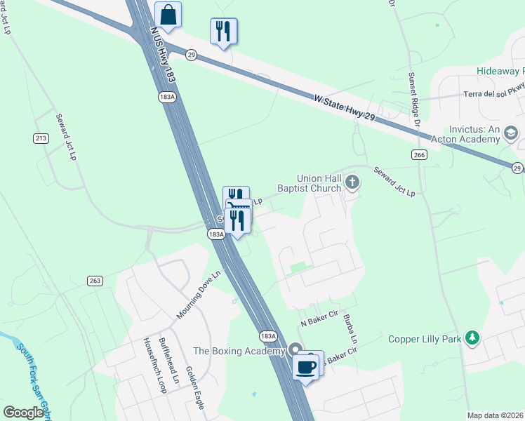 map of restaurants, bars, coffee shops, grocery stores, and more near 125 Cupreata Lane in Leander