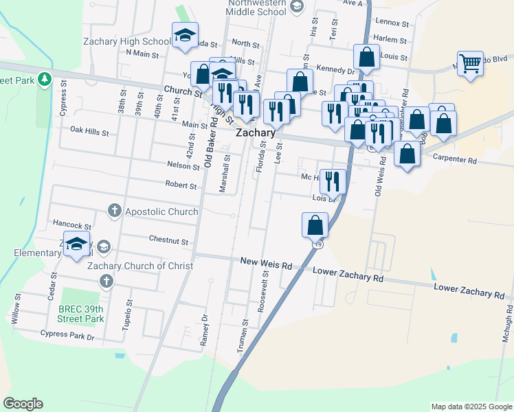 map of restaurants, bars, coffee shops, grocery stores, and more near 4110 Florida Street in Zachary