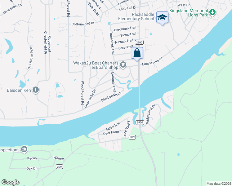 map of restaurants, bars, coffee shops, grocery stores, and more near 1512 Bluebonnet Lane in Kingsland