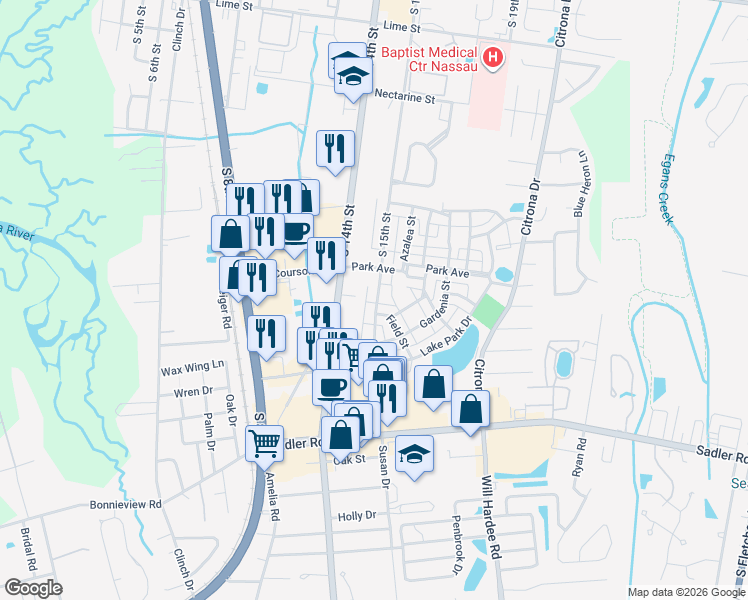 map of restaurants, bars, coffee shops, grocery stores, and more near 1524 Ruskin Lane in Fernandina Beach