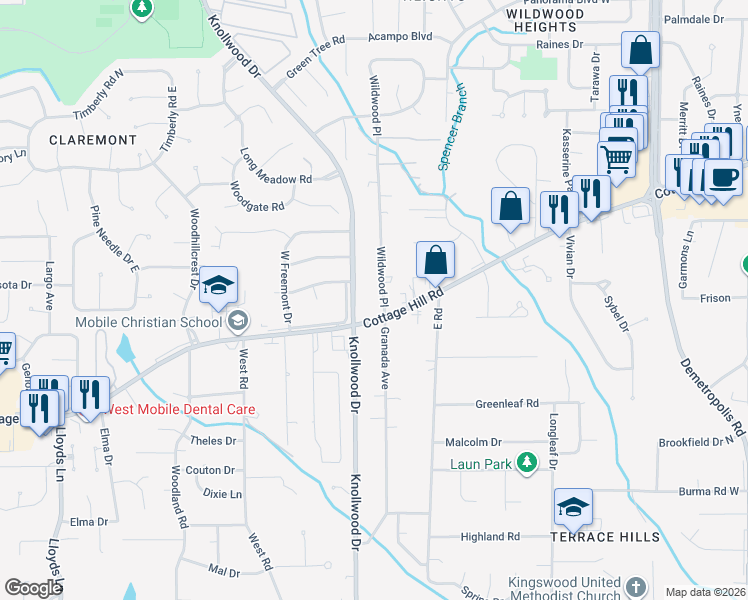 map of restaurants, bars, coffee shops, grocery stores, and more near 2124 Wildwood Place in Mobile