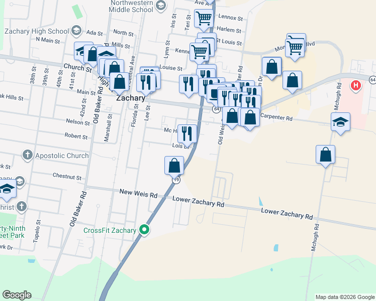 map of restaurants, bars, coffee shops, grocery stores, and more near 4123 Louisiana 19 in Zachary