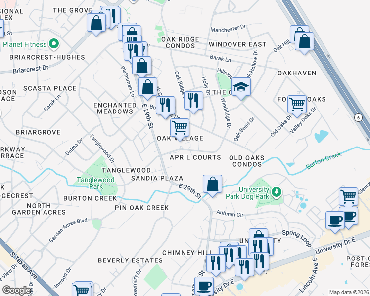 map of restaurants, bars, coffee shops, grocery stores, and more near 4412 Carter Creek Parkway in Bryan