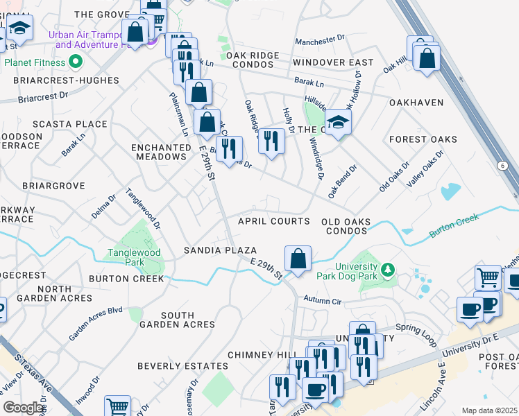 map of restaurants, bars, coffee shops, grocery stores, and more near 4407 Carter Creek Parkway in Bryan