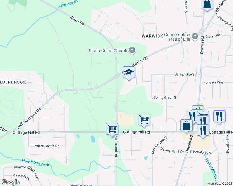 map of restaurants, bars, coffee shops, grocery stores, and more near 2345 McFarland Road in Mobile