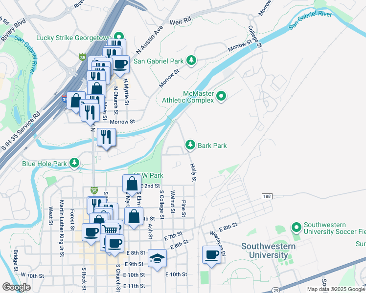 map of restaurants, bars, coffee shops, grocery stores, and more near 301 North College Street in Georgetown
