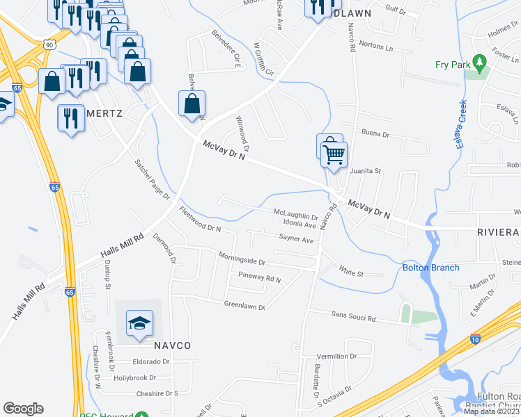 map of restaurants, bars, coffee shops, grocery stores, and more near 2517 McLaughlin Drive in Mobile