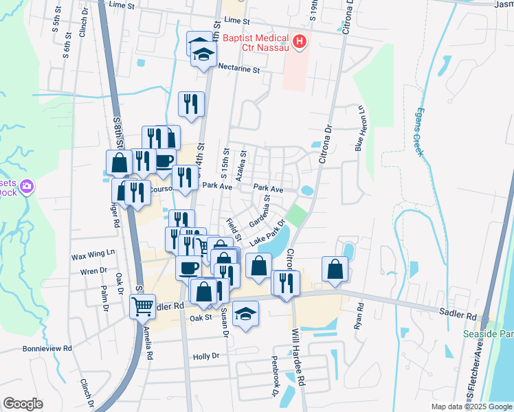 map of restaurants, bars, coffee shops, grocery stores, and more near 1896 Floyd Street in Fernandina Beach