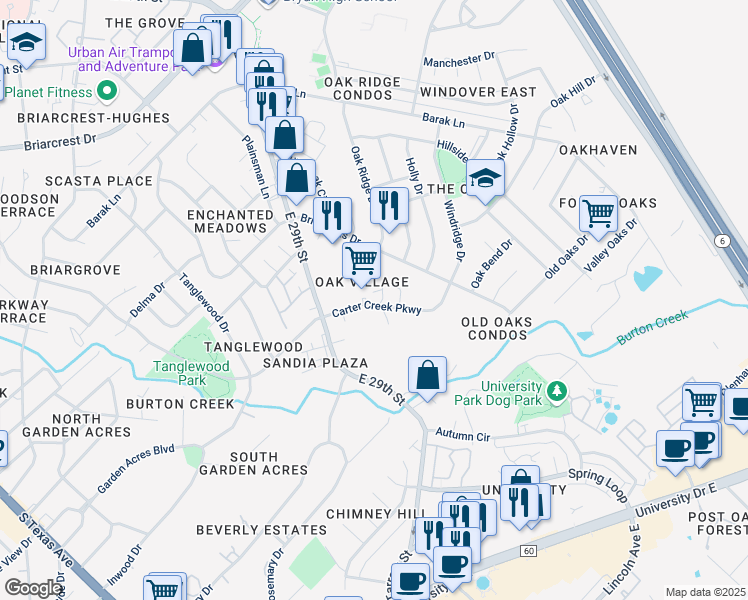 map of restaurants, bars, coffee shops, grocery stores, and more near 4409 Carter Creek Parkway in Bryan