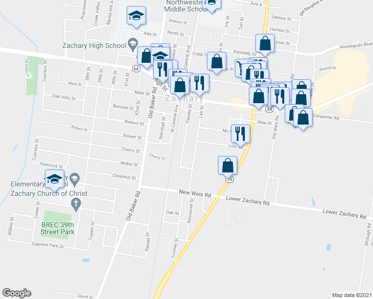 map of restaurants, bars, coffee shops, grocery stores, and more near 4120 Florida Street in Zachary