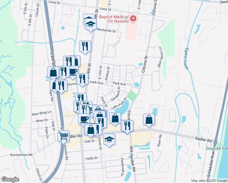map of restaurants, bars, coffee shops, grocery stores, and more near 1886 Carnation Street in Fernandina Beach